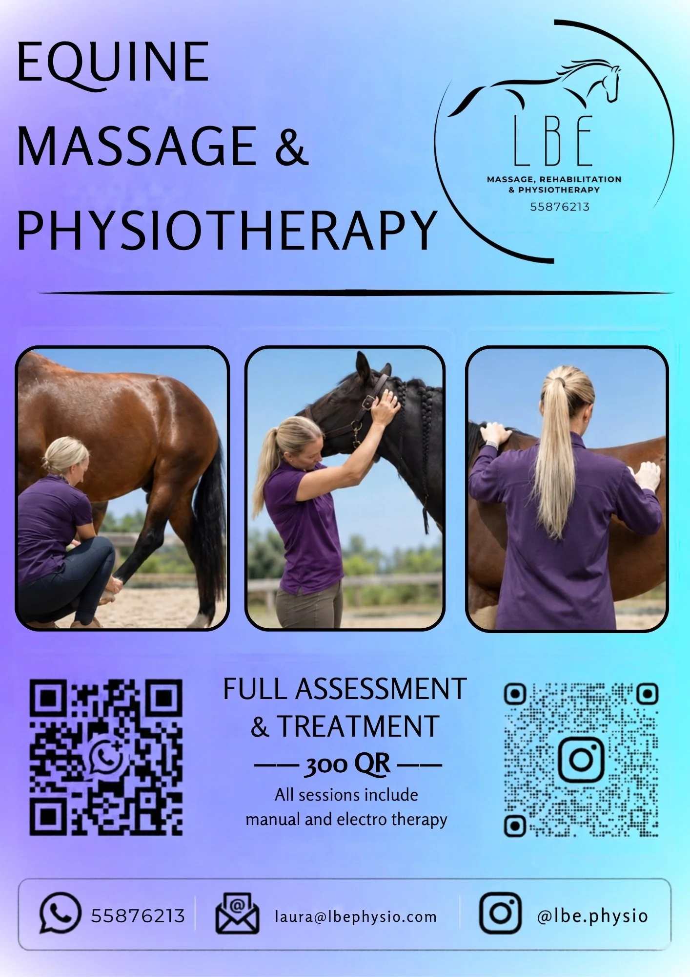Promotion poster for equine massage, rehabilitation, and physiotherapy with images of women massaging horses, contact information, and QR codes.