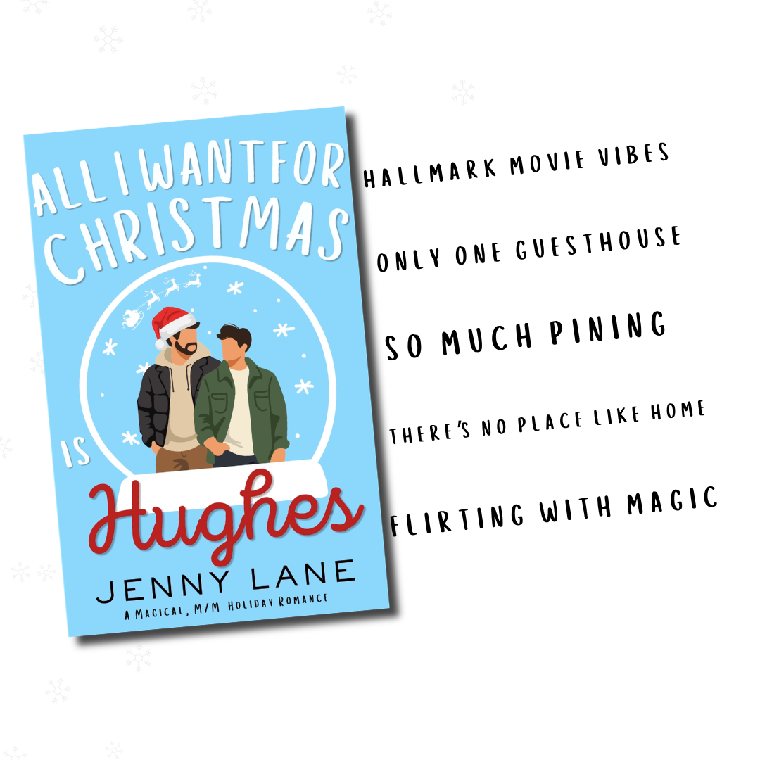 Book cover titled 'All I Want For Christmas is Hughes' by Jenny Lane, featuring an illustration of two men in winter clothing, one wearing a Santa hat, with a snowy background and reindeer silhouette.