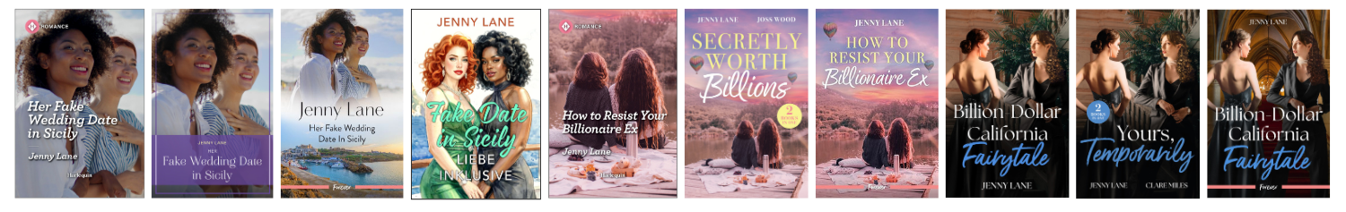 A collage of book covers, mostly involving themes of relationships and personal growth, by Jenny Lane and other authors.