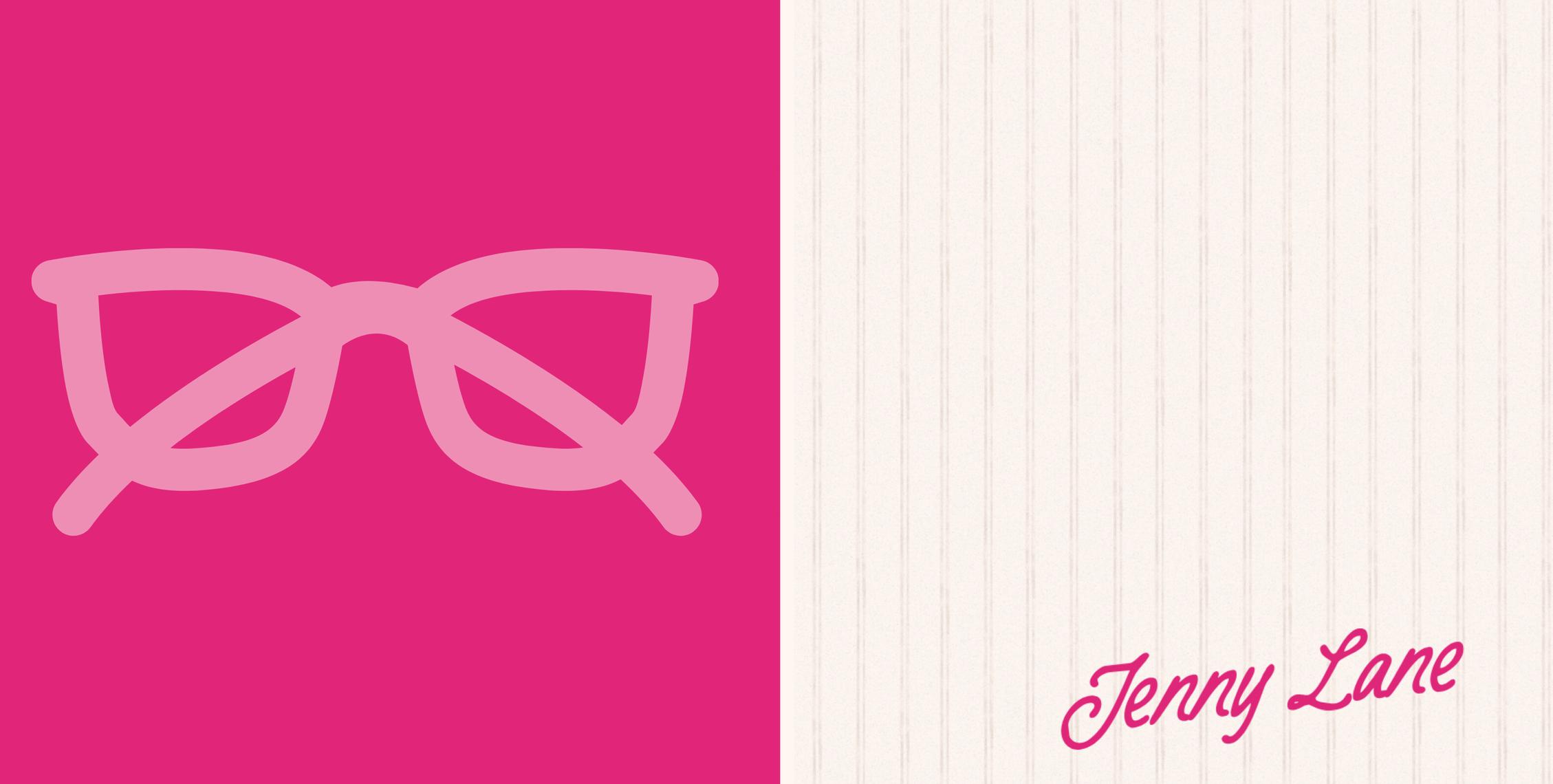 Pink background with a stylized illustration of eyeglasses, and white and pink striped background with the name "Terry Lane" written in pink cursive text.