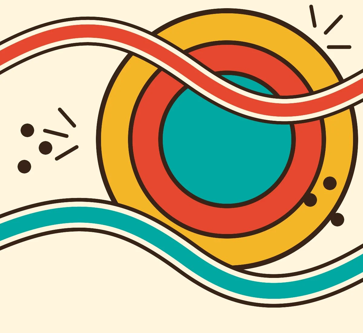 Retro circles and wavy bands in red, turquoise, golden yellow, and coffee brown on cream