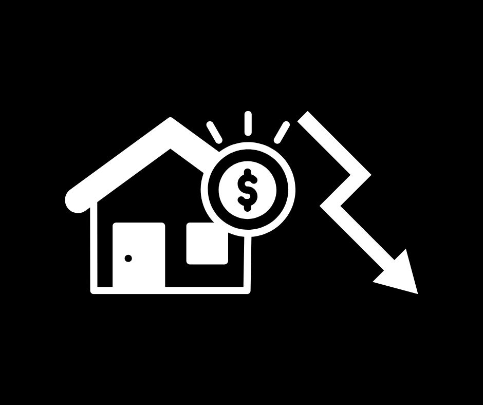 House with dollar sign, declining arrow indicating fall in property value or market downtrend
