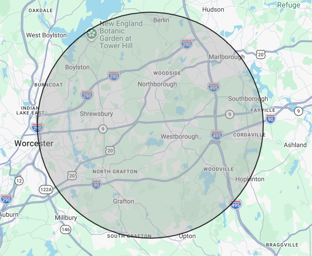 Map showing the area around Worcester, Massachusetts, with a black circle encompassing locations like Boylston, Marlborough, Southborough, Westborough, North Grafton, and Auburn.