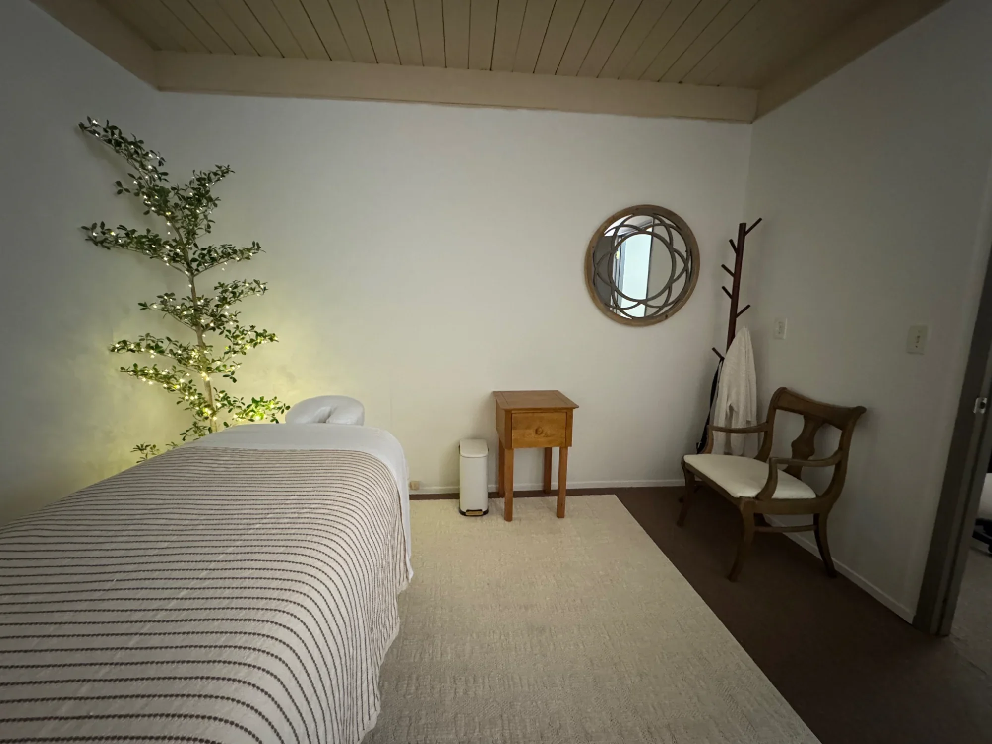 A bedroom with a bed covered in a striped comforter, a small wooden nightstand, a white air purifier, a wooden chair with white cushion, a large leafy plant with lights, a round wall mirror, and a coat rack with a towel, all under a wood-paneled ceiling.