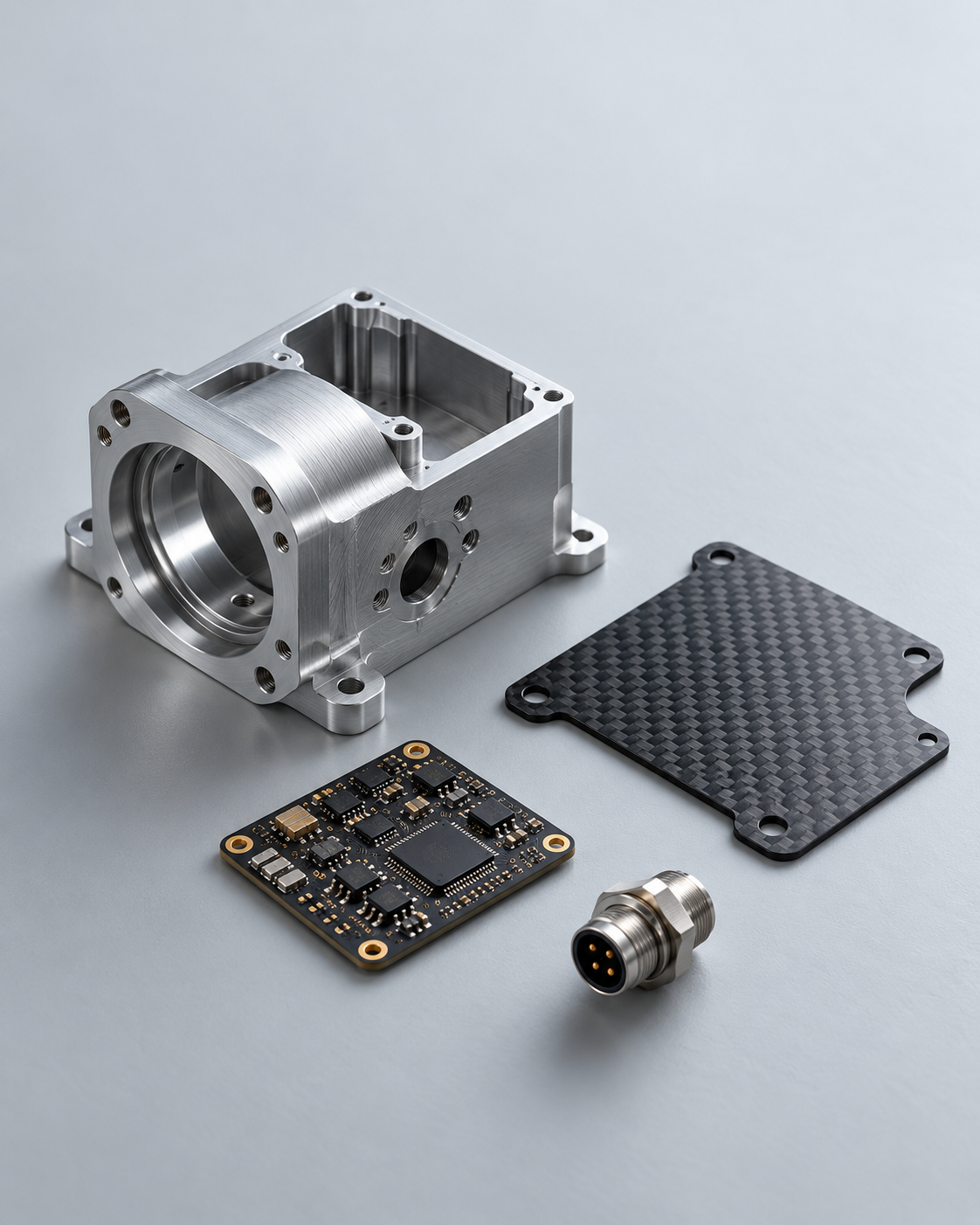 Machined aluminum housing, carbon fiber plate, circuit board, and connector on a silver-gray surface.