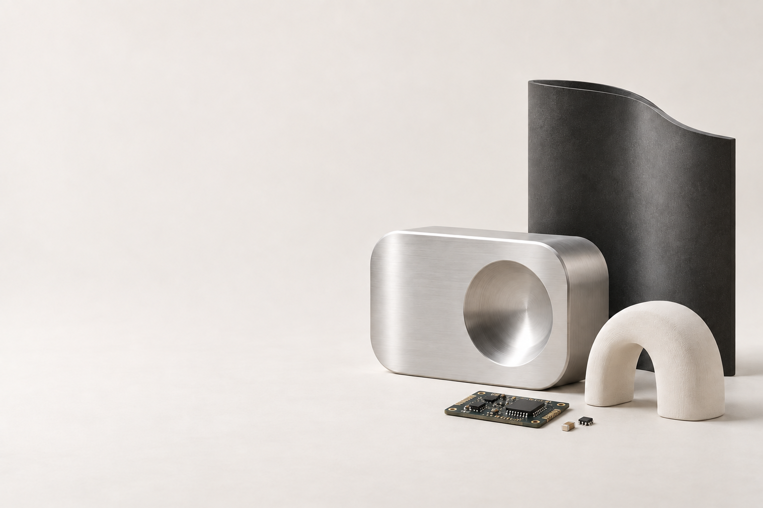 Machined metal forms with a small circuit board and electronic components on a warm neutral background.