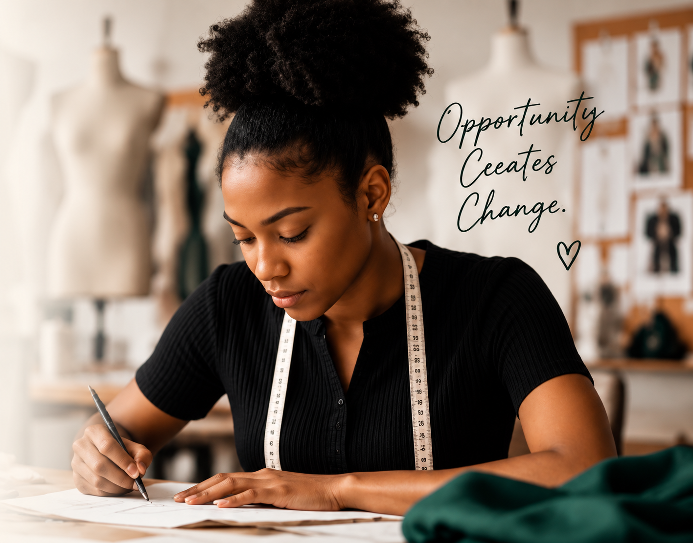 Young fashion design student sketching at a worktable, representing opportunity and creative education supported by Unity Fashion Institute Foundation.