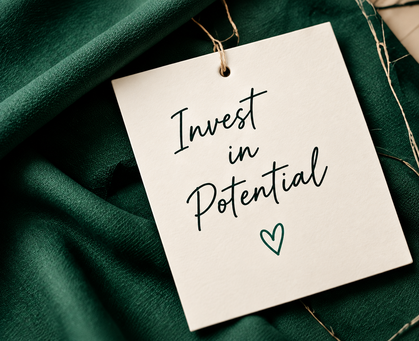 Ivory tag on rich green fabric reading “Invest in Potential” with a green heart.