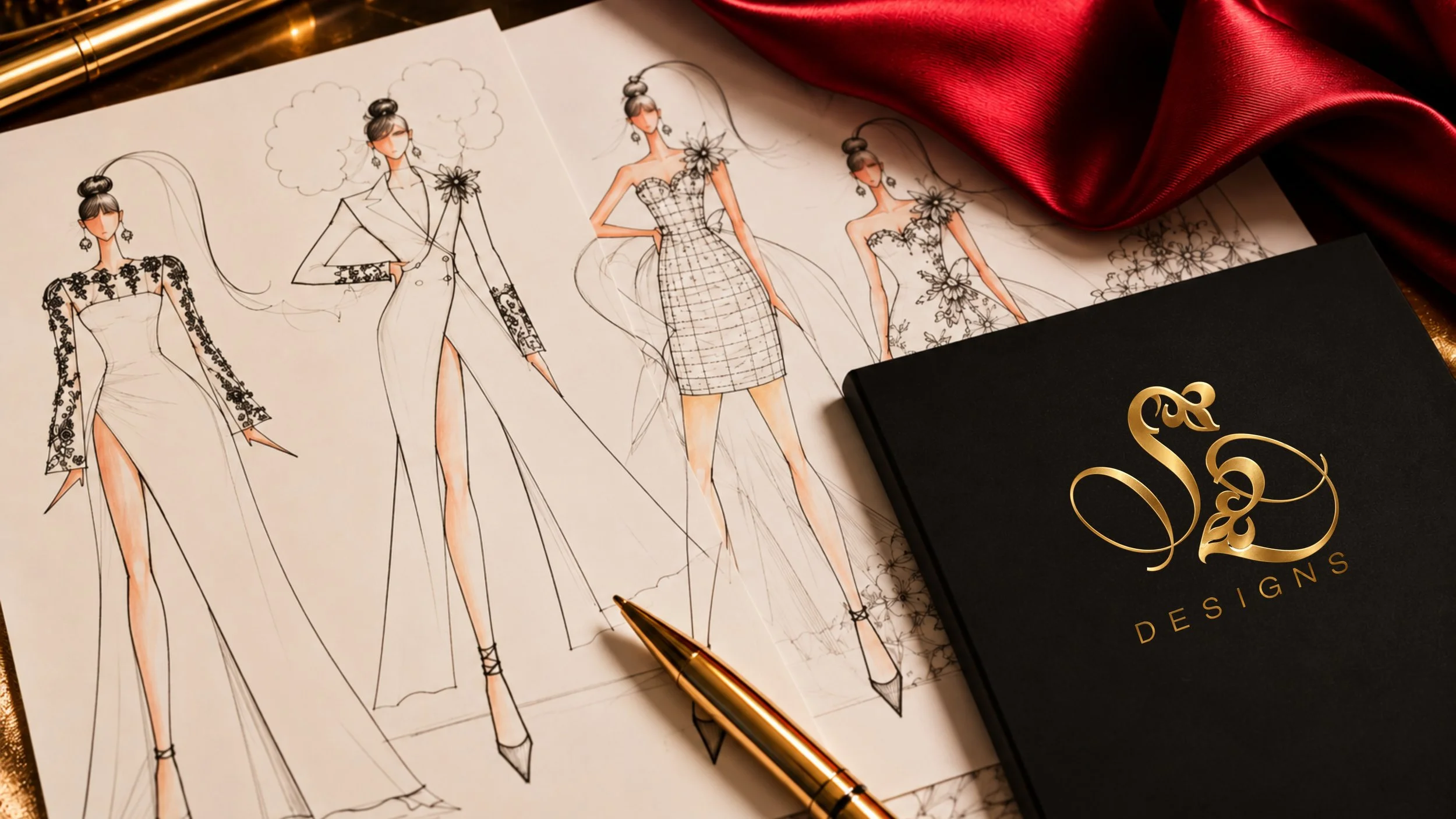 Original Sheridonna Wilson fashion illustrations displayed with the Sheridonna Designs SD monogram and design materials.