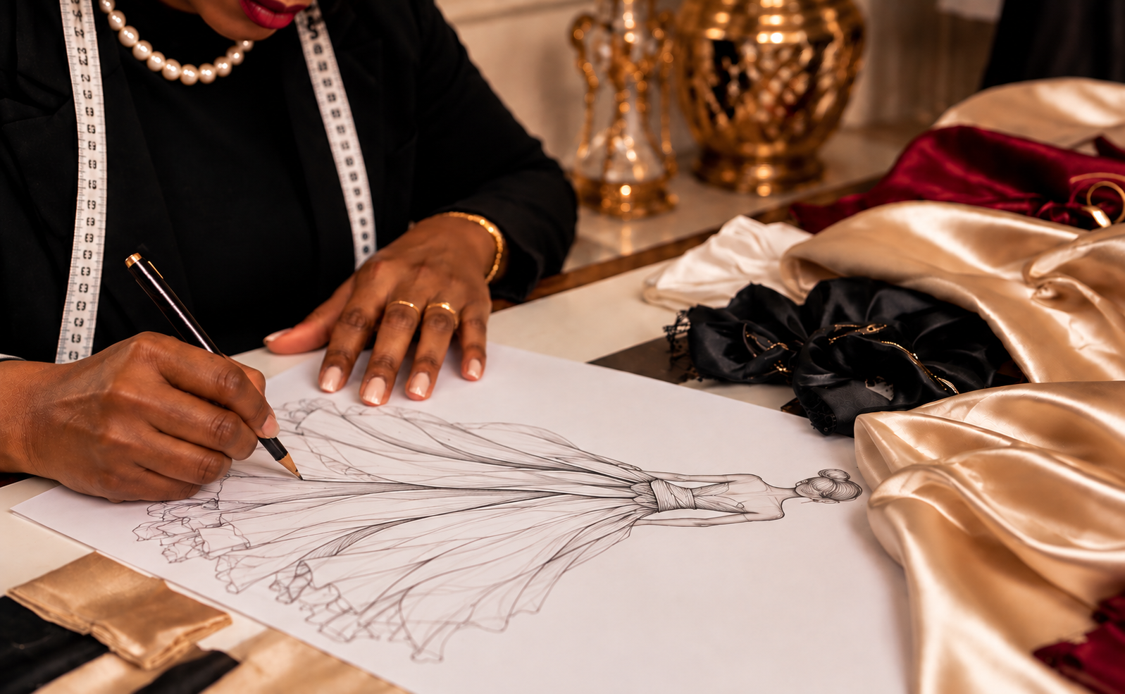Sheridonna Designs fashion designer sketching a custom gown during the bespoke design development process.