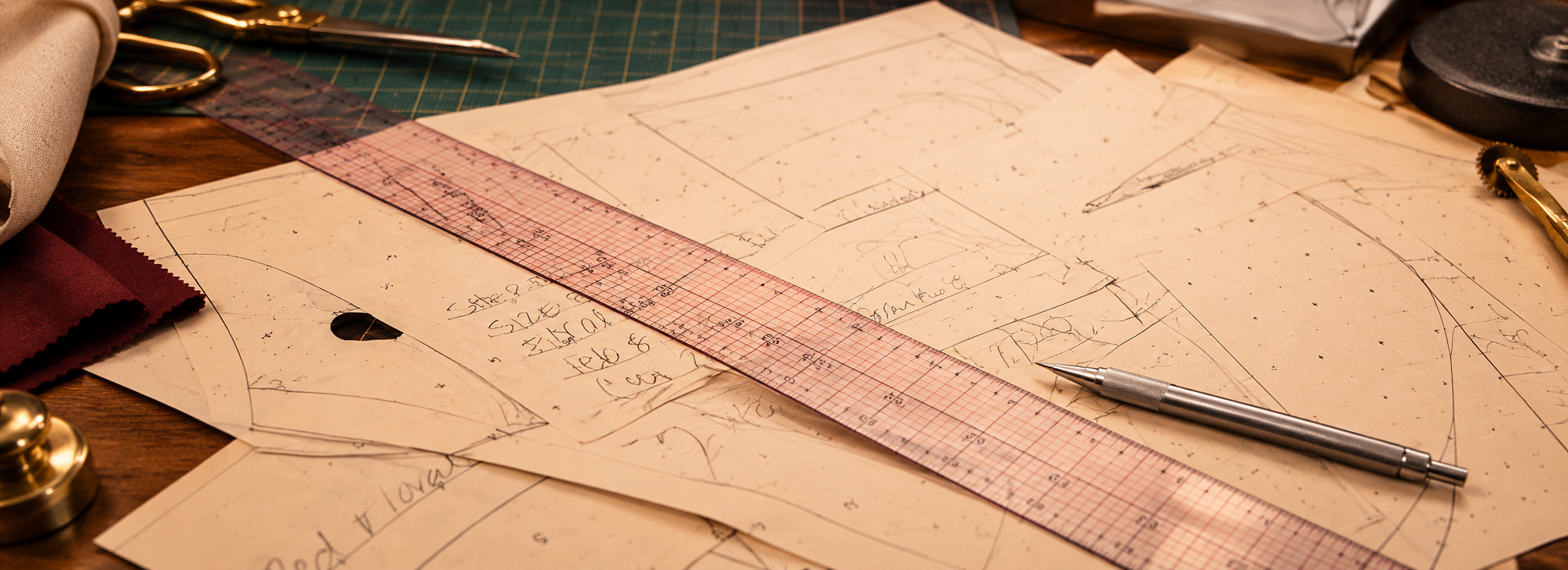 Pattern pieces, ruler, and drafting tools representing hands-on pattern making instruction at Unity Fashion Institute.