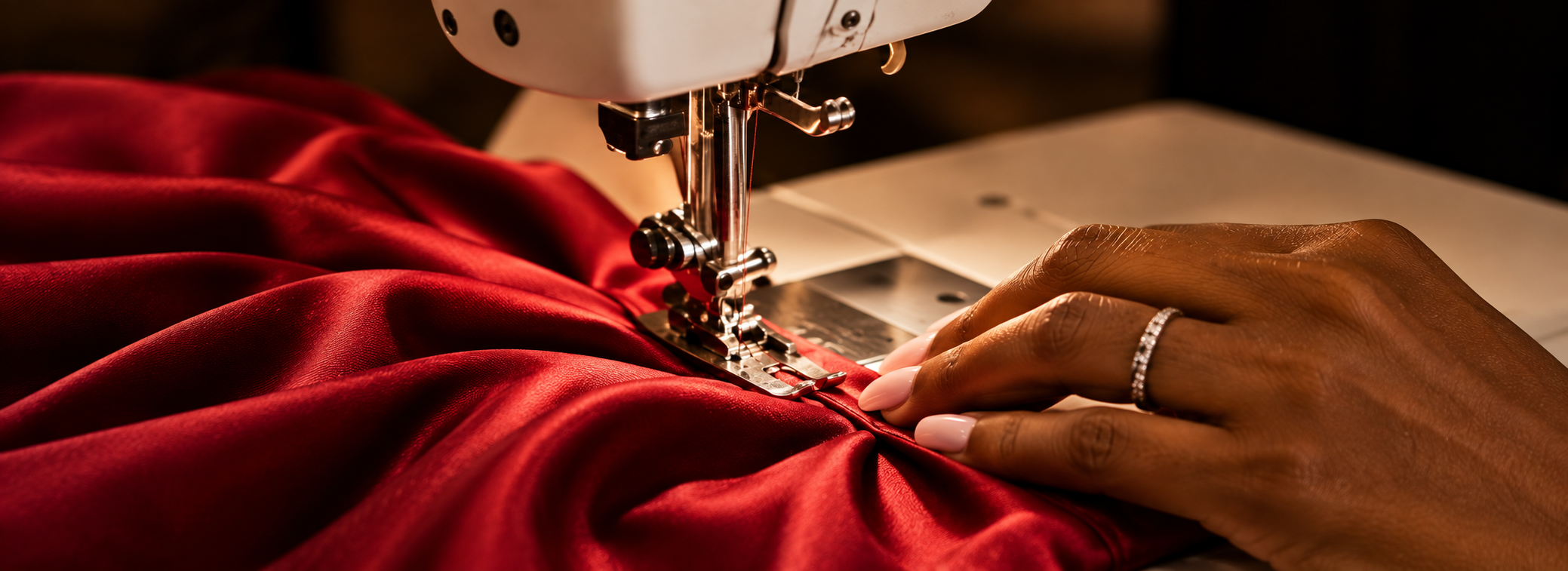 Hands guiding red satin through a sewing machine during garment construction at Unity Fashion Institute.