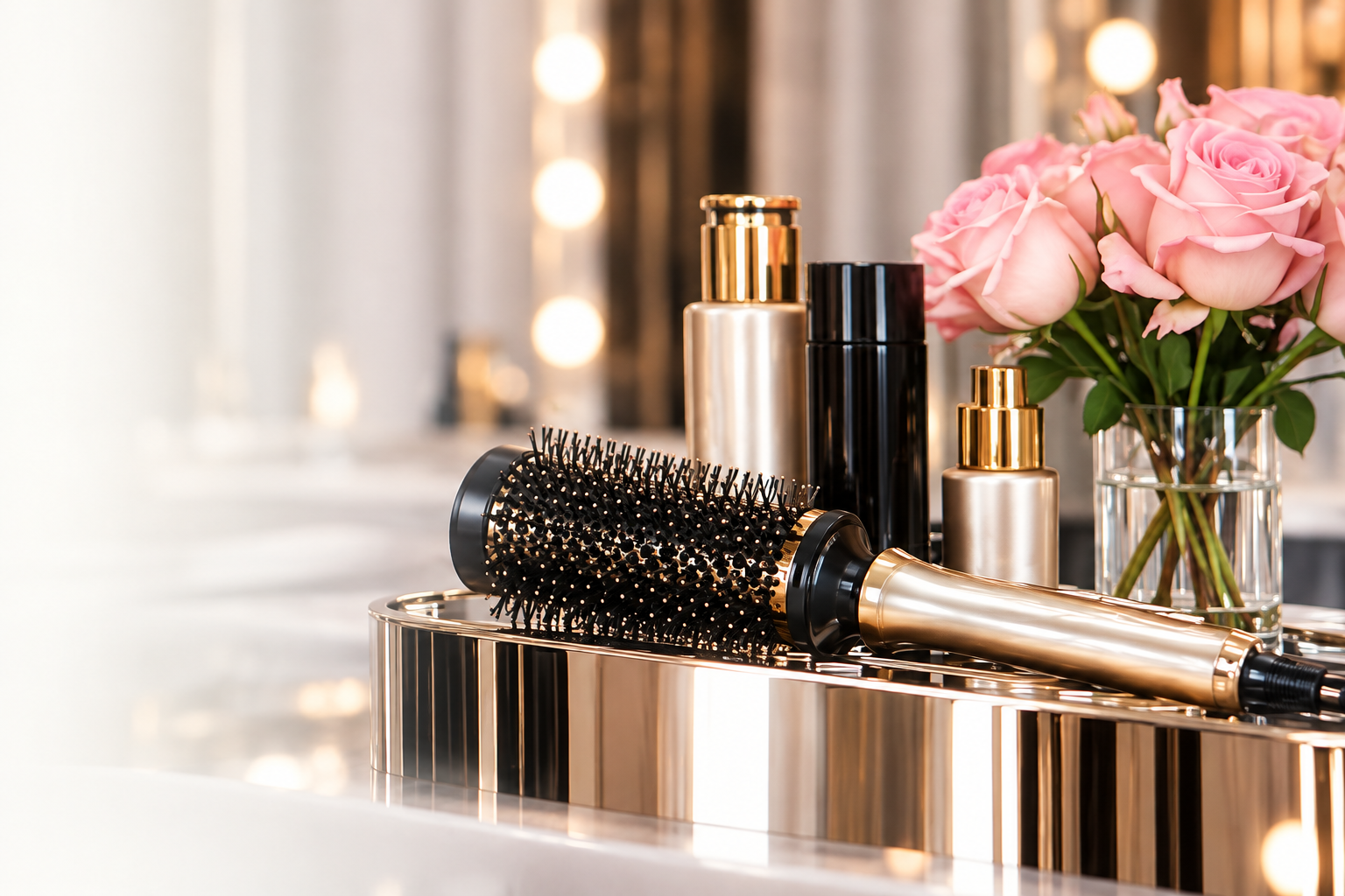 uxury hair styling tools and a black Sheridonna Beauty Studio case displayed on a marble countertop beside pink roses in an elegant beauty studio setting.