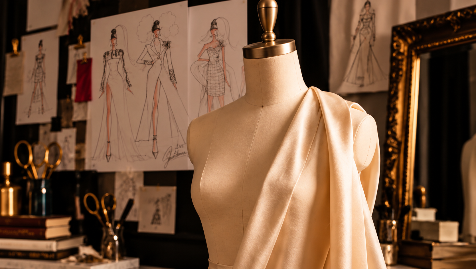 Ivory satin draped on a dress form inside an elegant Sheridonna Designs-inspired fashion atelier.