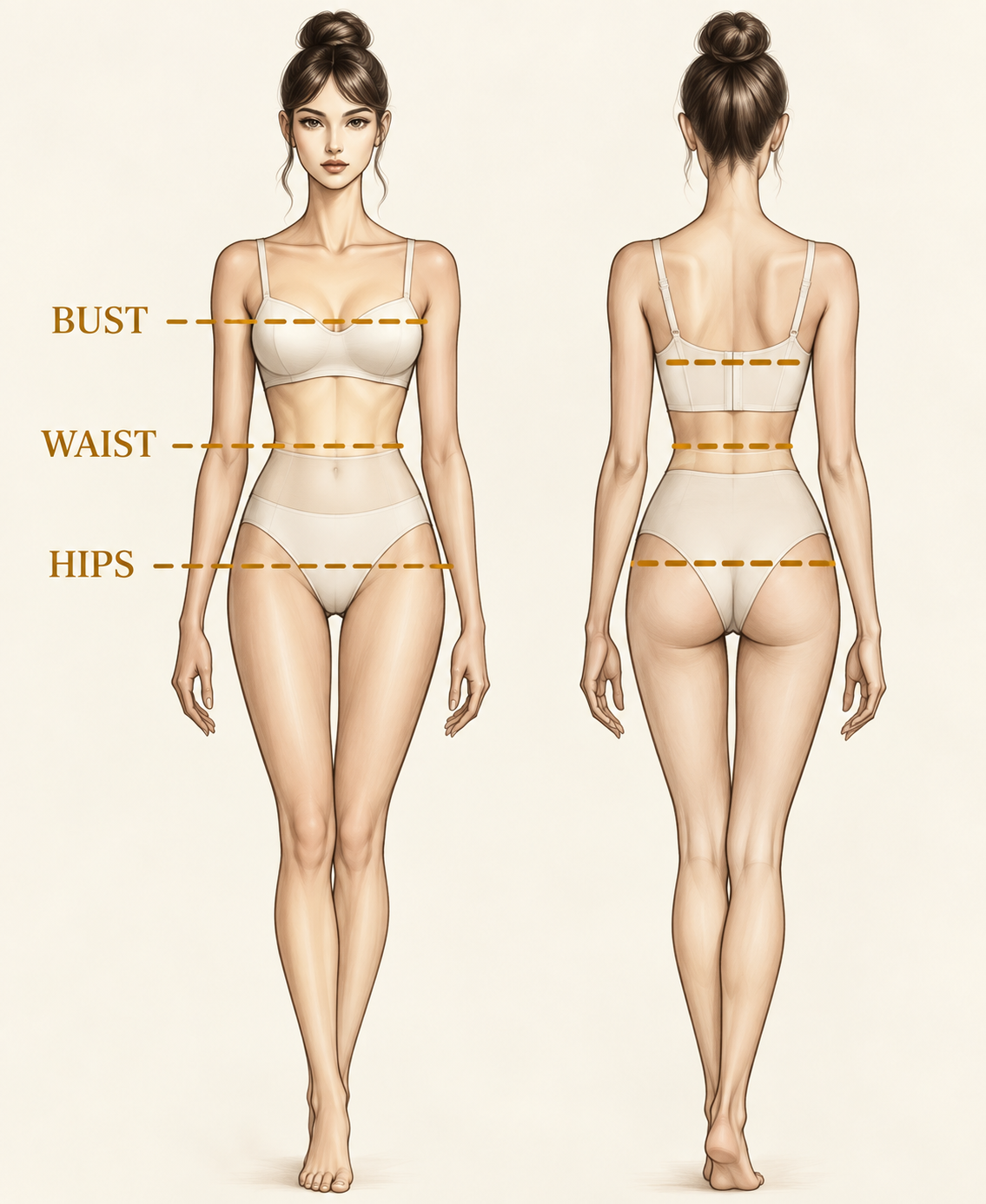 Front and back fashion figure showing where to measure the bust, waist, and hips for Sheridonna Designs sizing.