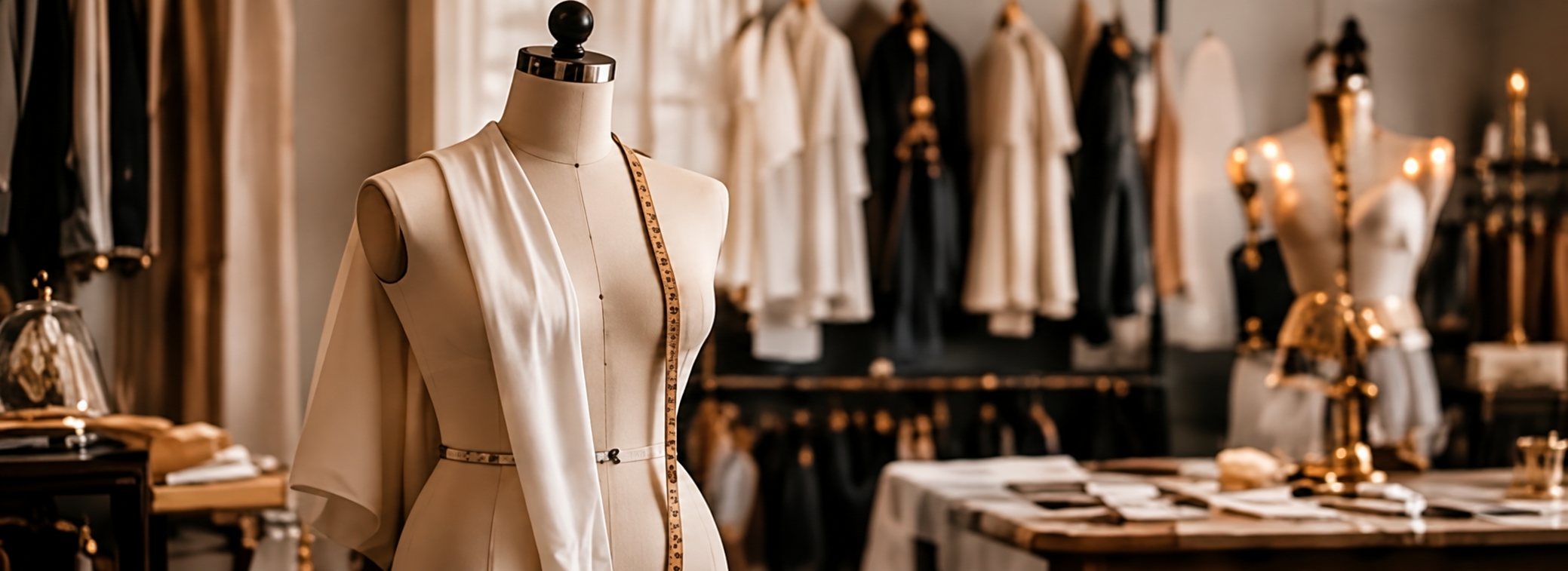 Ivory fabric draped on a dress form inside a fashion design studio representing hands-on learning at Unity  Fashion Institute.