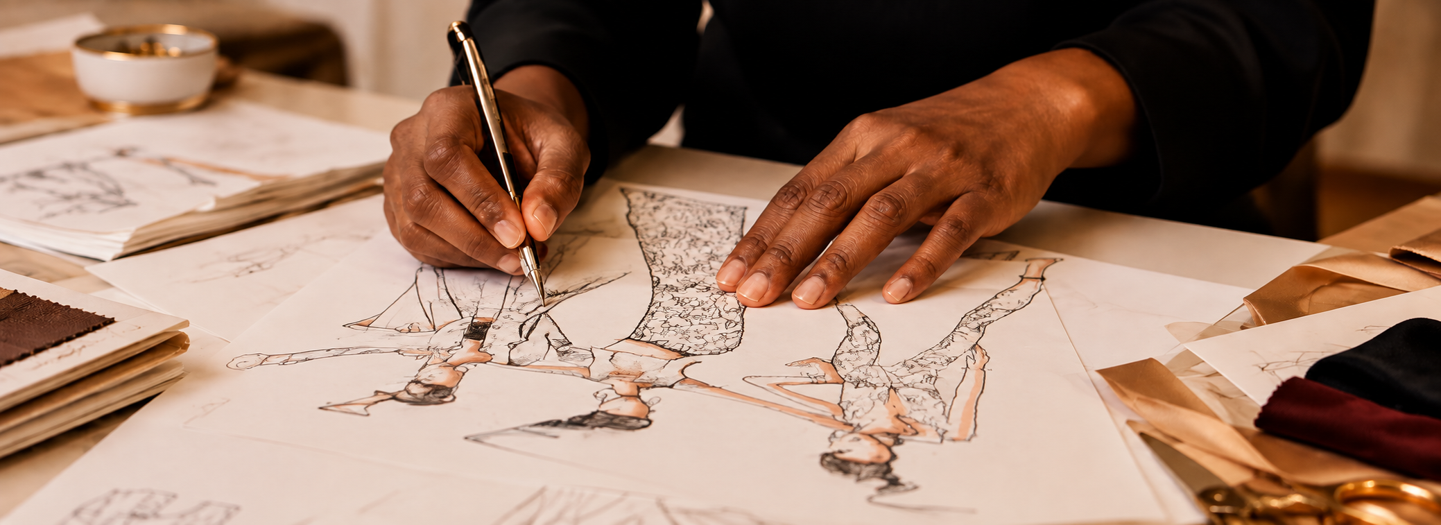 Hands developing original fashion illustrations representing the fashion design process at Unity Fashion Institute.