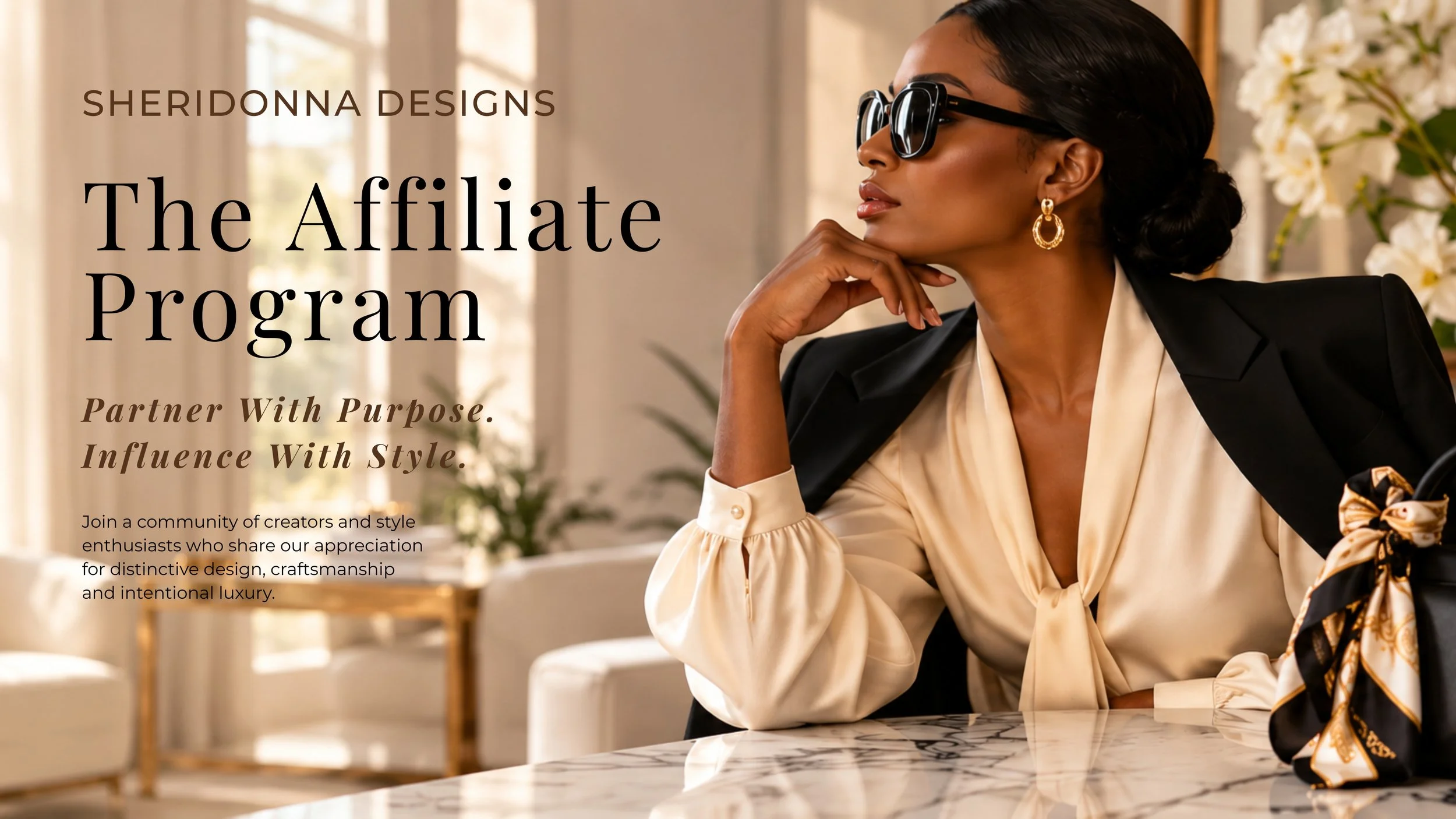 Elegant woman wearing oversized sunglasses, an ivory satin blouse and a tailored black blazer, seated beside a luxury handbag in a sophisticated interior with white floral arrangements