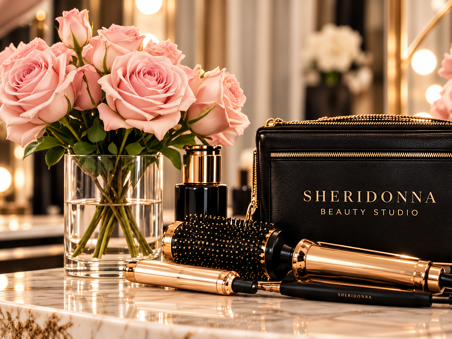 Luxury hair styling tools and a black Sheridonna Beauty Studio case displayed on a marble countertop beside pink roses in an elegant beauty studio setting.
