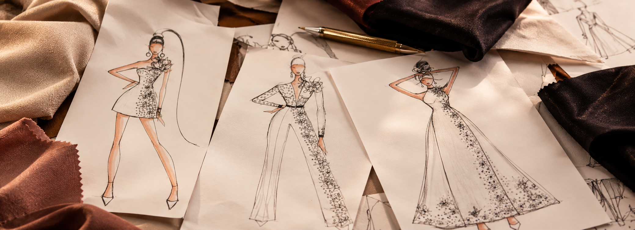 Original fashion illustrations displayed individually in a creative workspace representing fashion design development at Unity Fashion Institute.
