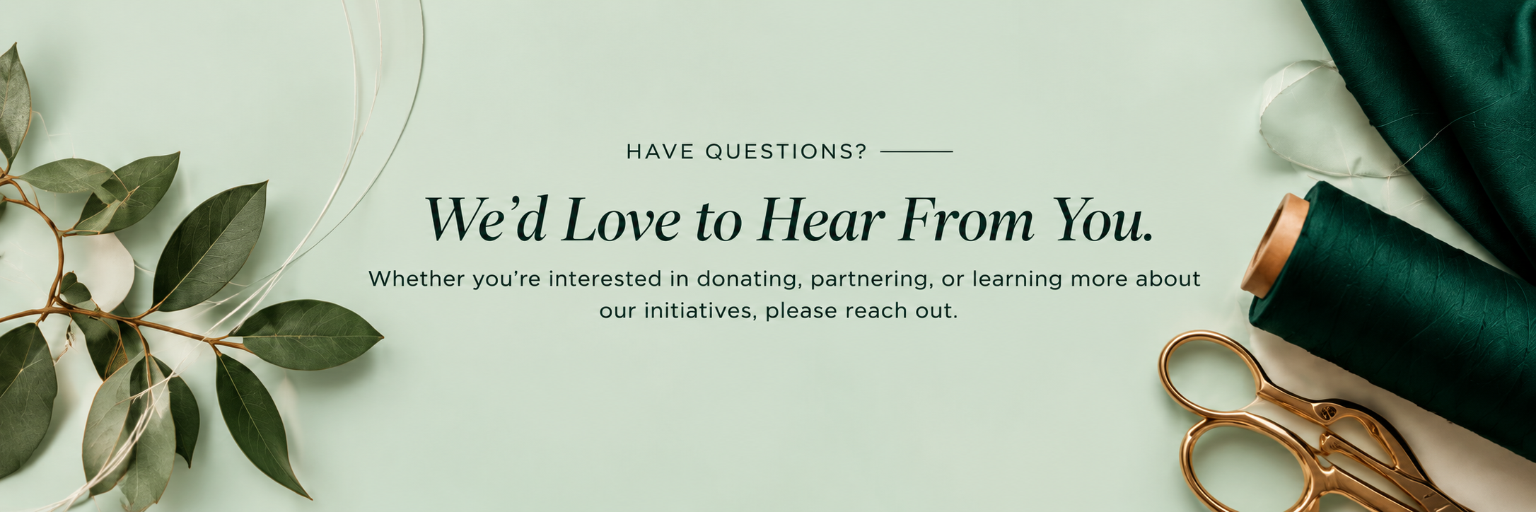 Fashion-inspired contact banner with green thread, gold scissors, and botanical details for Unity Fashion Institute Foundation.
