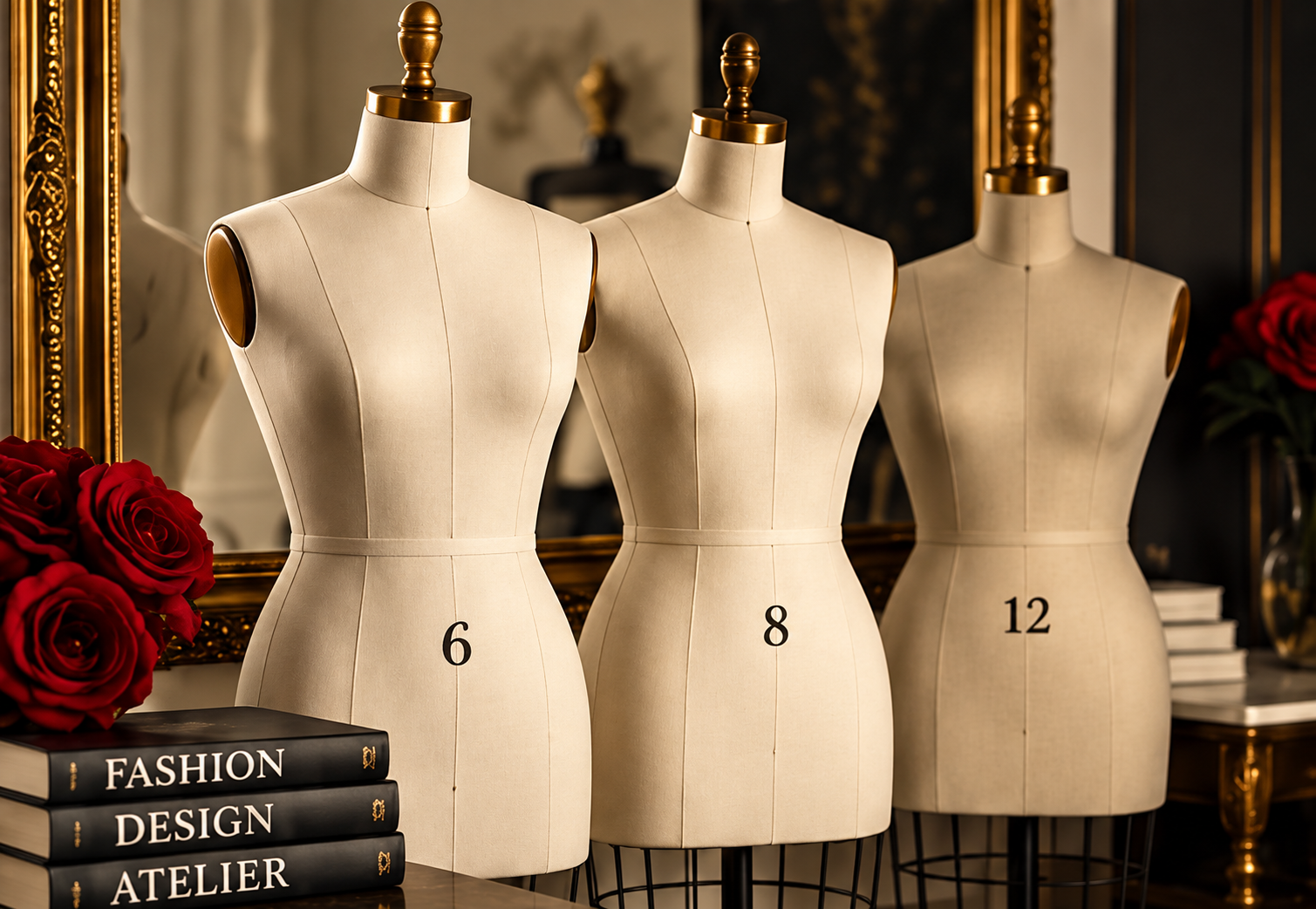Sheridonna Designs professional dress forms in sizes 6, 8, and 12 used for ready-to-wear garment development.