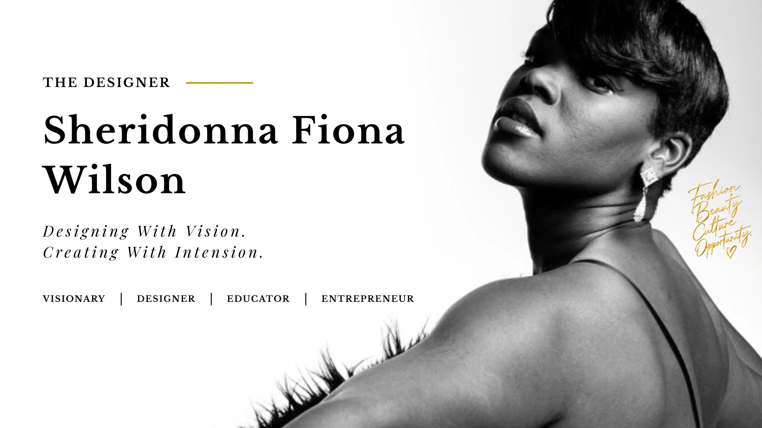 Sheridonna Fiona Wilson, founder and designer of Sheridonna Designs, in a black-and-white editorial fashion portrait.