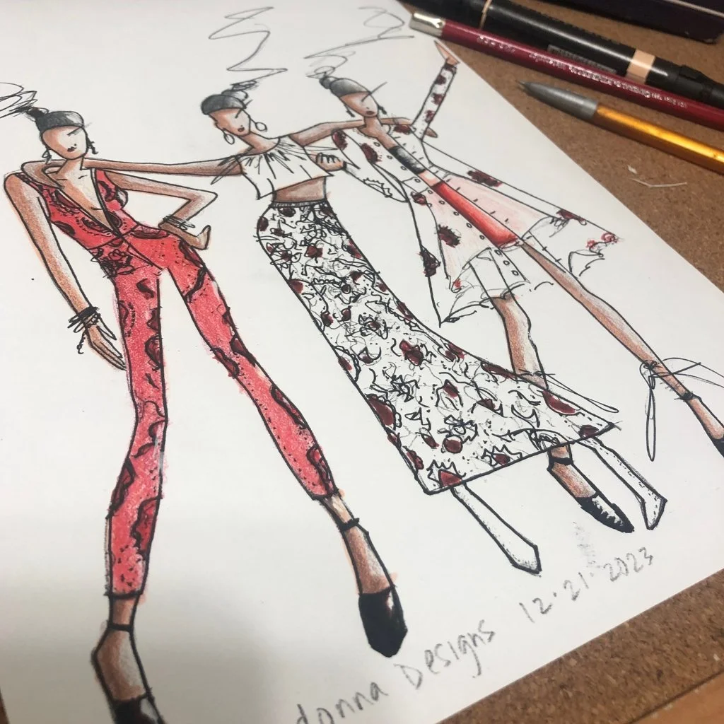 Original Sheridonna Designs fashion illustration showing the development of a bespoke garment concept.