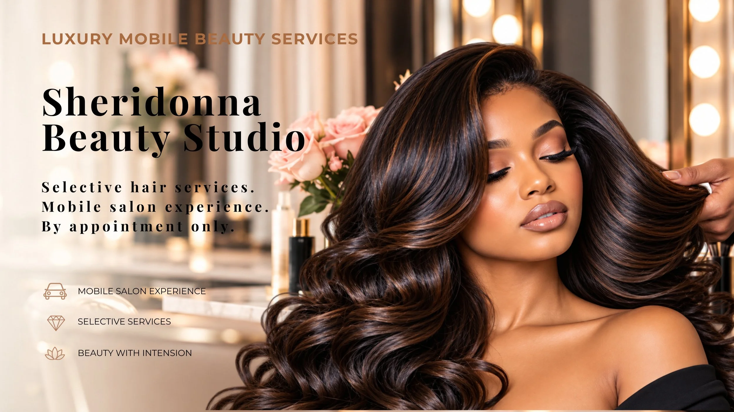 Woman with long, voluminous dark waves having her hair styled against an elegant beauty studio backdrop featuring pink roses, illuminated mirrors, and warm golden lighting.
