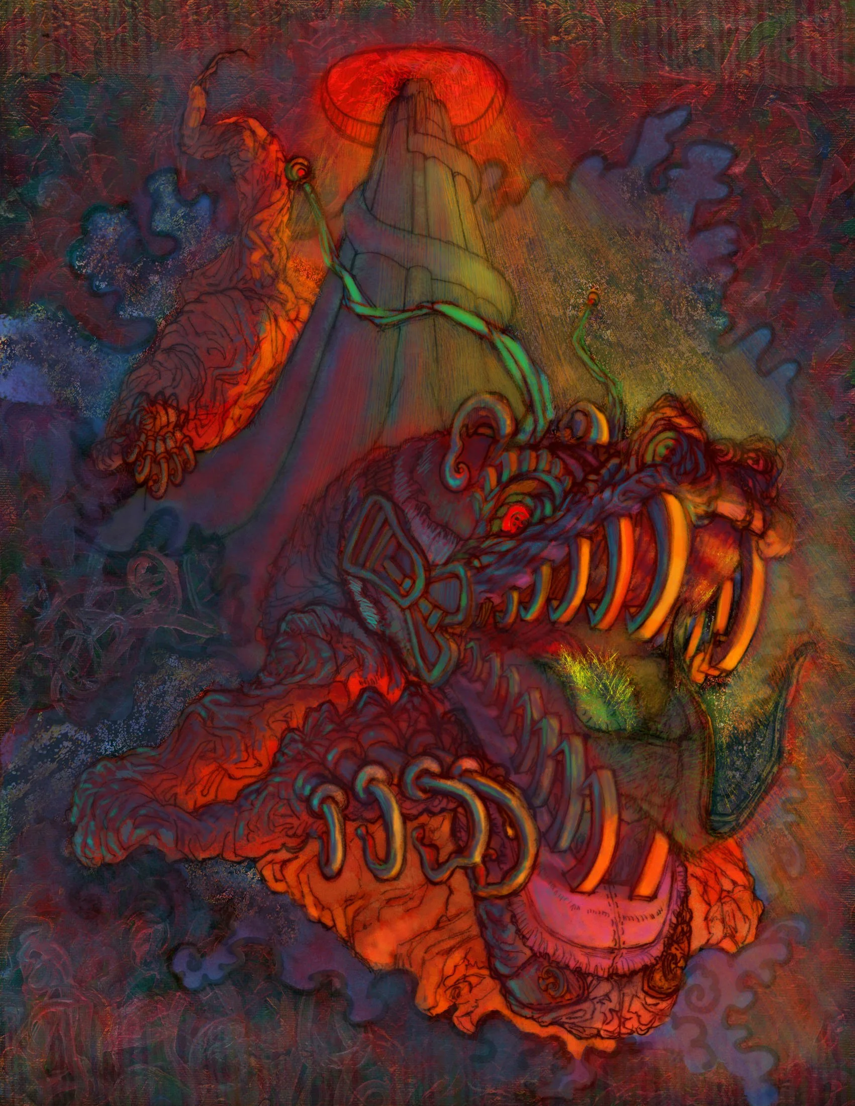 A colorful, abstract representation of a human brain with vibrant red, orange, yellow, purple, and green hues, featuring intricate line work and a textured background.
