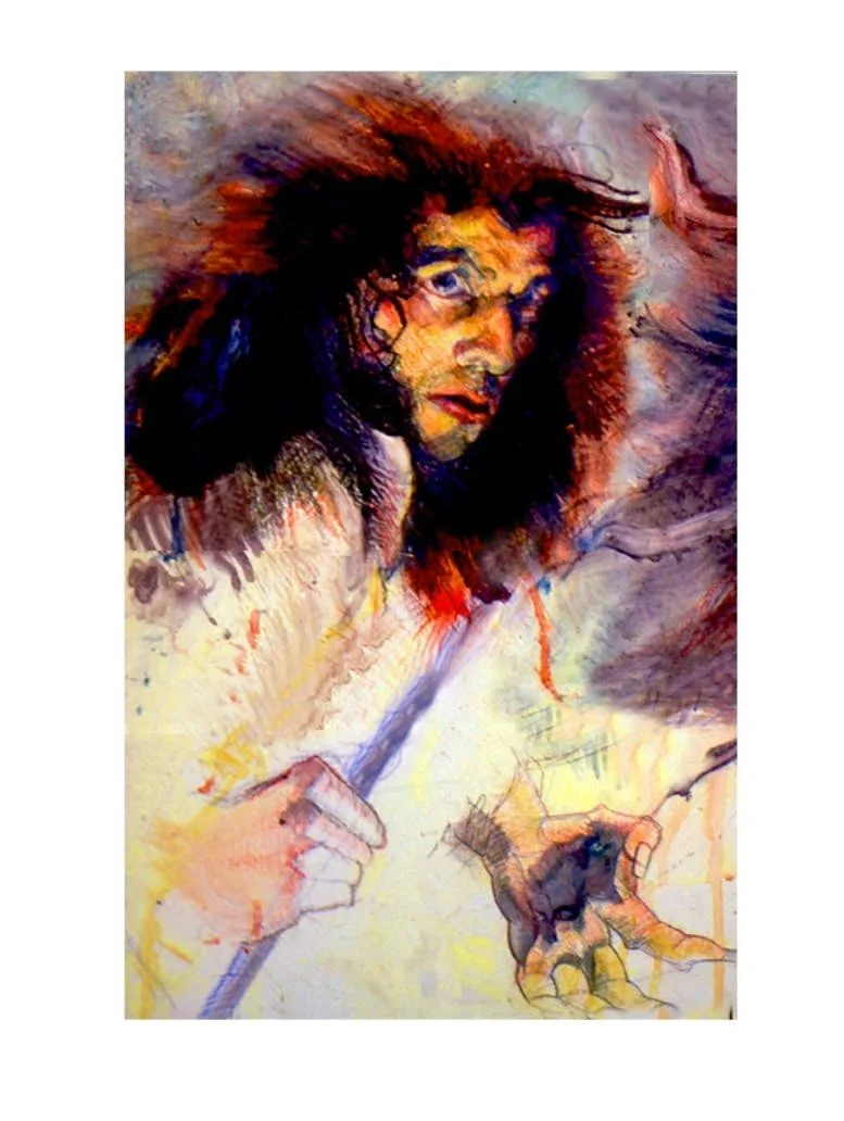 Artistic watercolor portrait of a woman with dark hair holding a paintbrush, with a small black dog beside her.