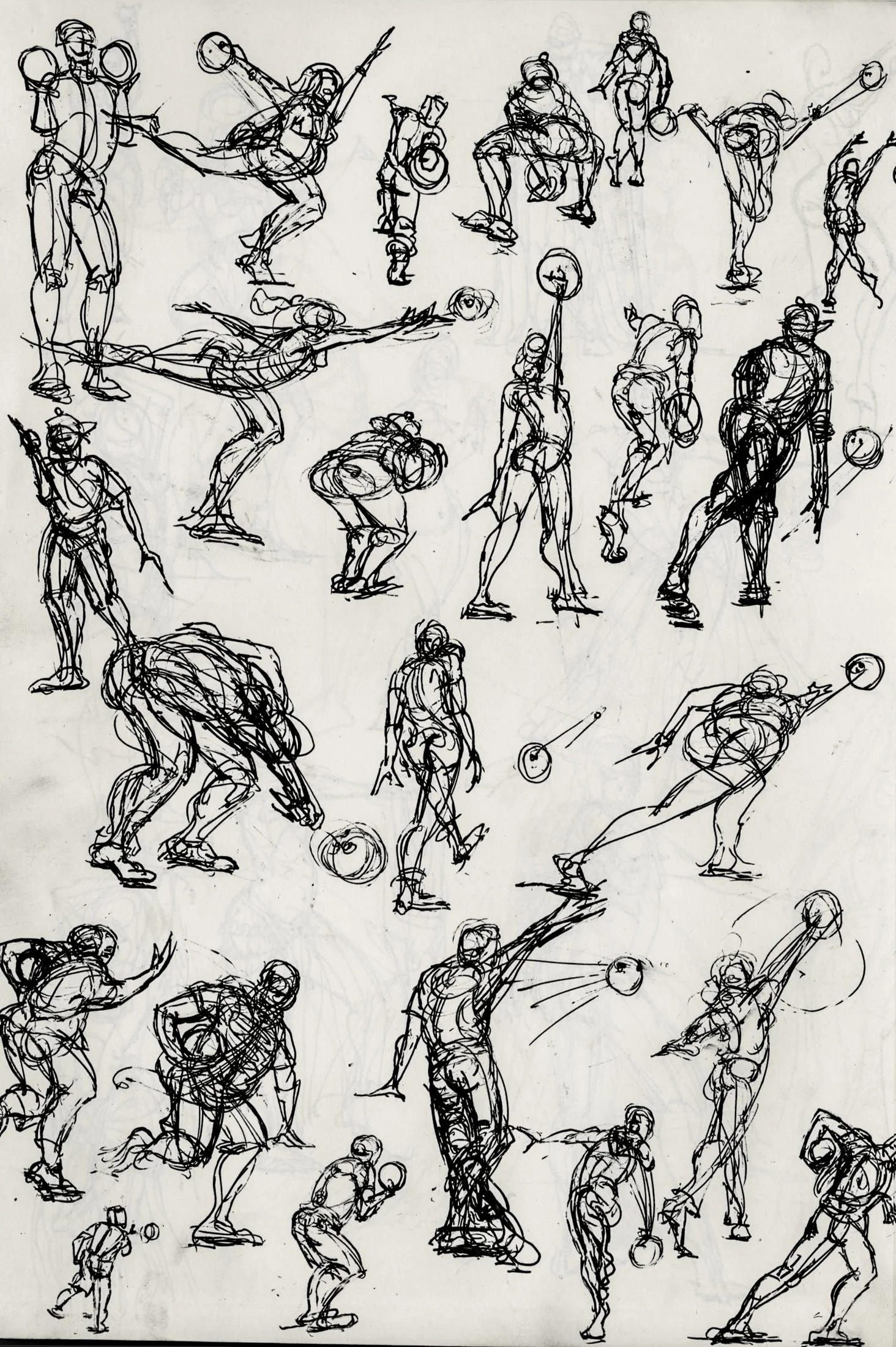 A collection of quick, rough sketches of various athletes engaging in sports and physical activities such as running, jumping, throwing, and wrestling, drawn with loose black lines on white paper.