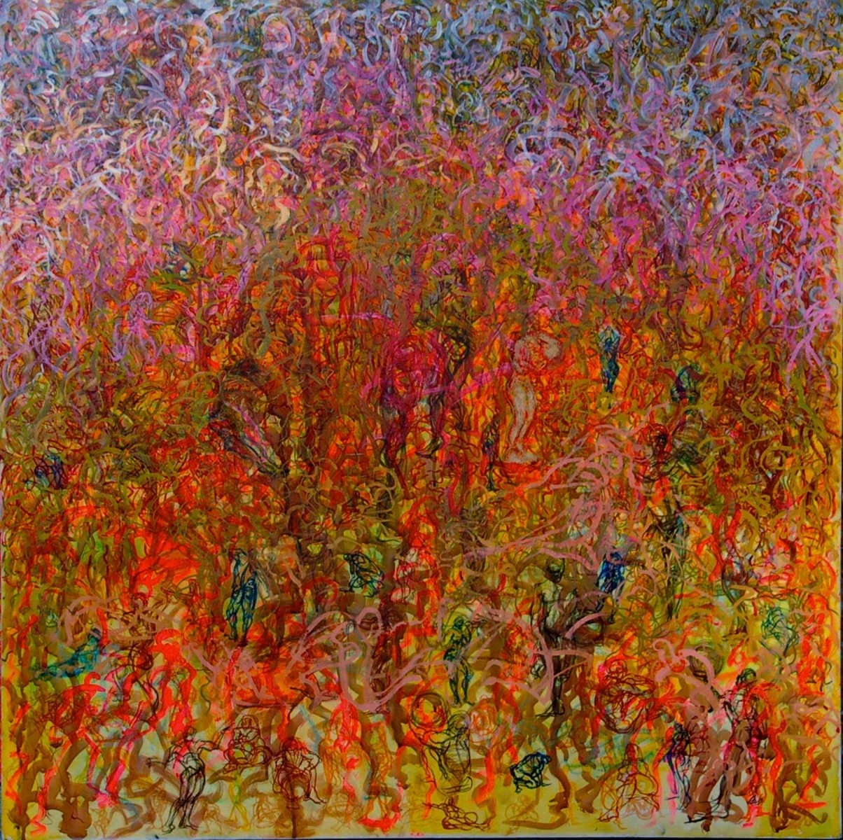 Abstract colorful painting with swirling lines and figures resembling a crowd of people.
