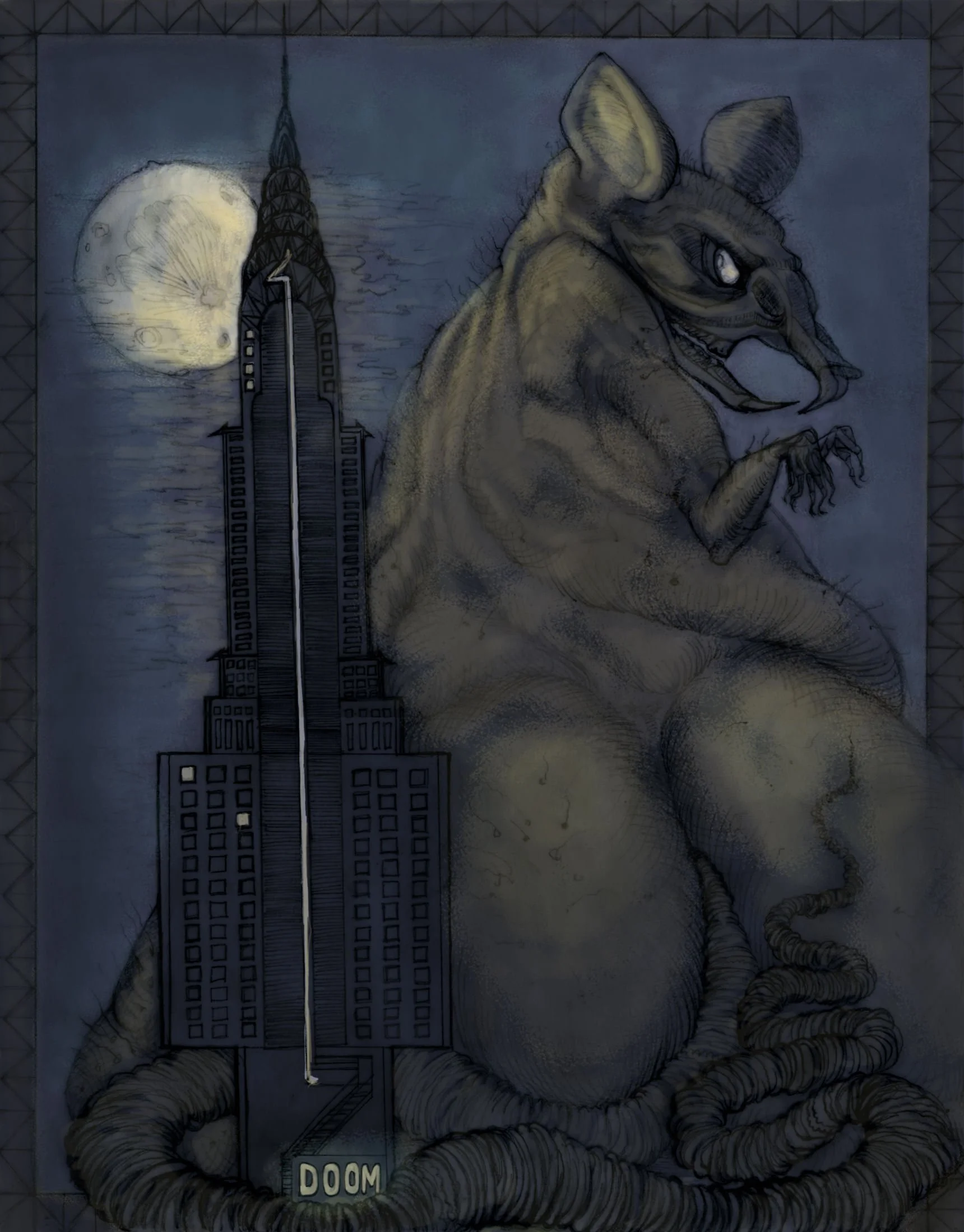 A mural depicting a large creature with a human-like face, horns, and a body with folds, sitting in front of a city skyline at night. The city skyline features a tall tower with a spinning dish on top and the moon in the background. There is a sign w