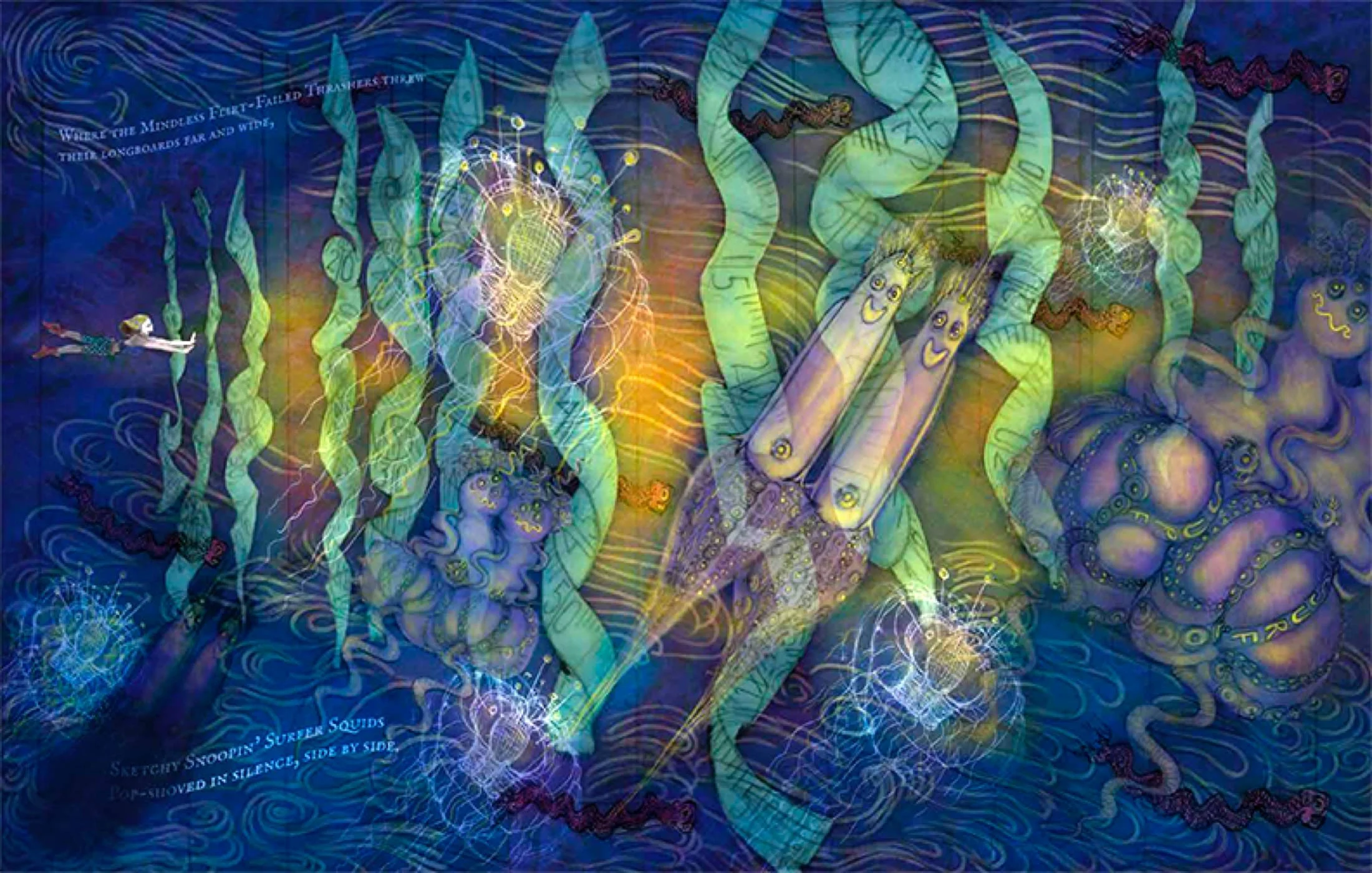 Colorful abstract artwork featuring cartoonish snakes with smiling faces, surrounded by swirling lines and patterns, with some text in the upper left corner.