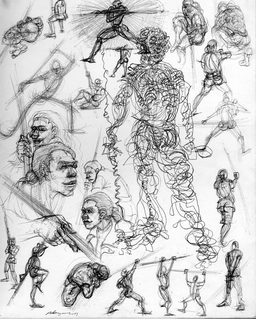 A collection of various quick sketches of people in different poses and activities, including isolated portraits, action scenes, and group interactions, all drawn with loose, expressive lines.