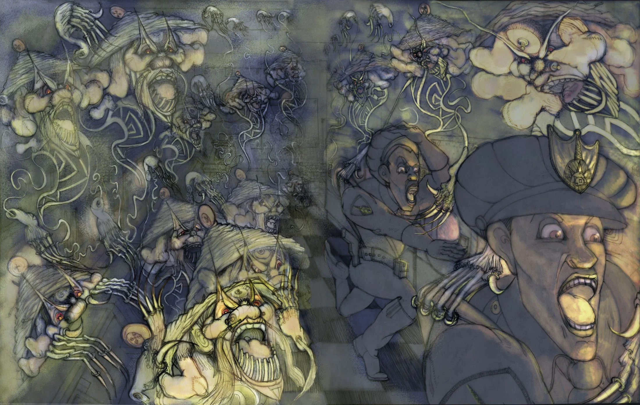 A surreal, dark fantasy-style illustration depicting fierce, monstrous creatures and warriors engaged in combat. The scene is filled with detailed, exaggerated facial expressions, weapons, and supernatural elements. The overall mood is intense and ch