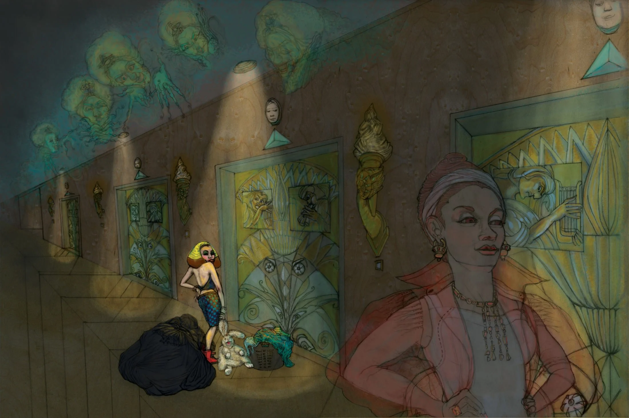 A mural with various characters; top features ghostly faces with long hair, middle shows framed artwork including a woman with headphones, and bottom includes a woman with red hair, a rabbit, and graffiti elements.
