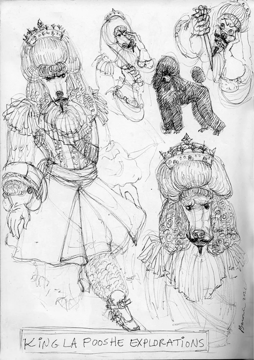 A sketch showing several human and animal characters from a theatrical or literary context, including two important dog characters, a bear, and a kingly figure with a crown, labeled 'King La PooShe Explorations'.
