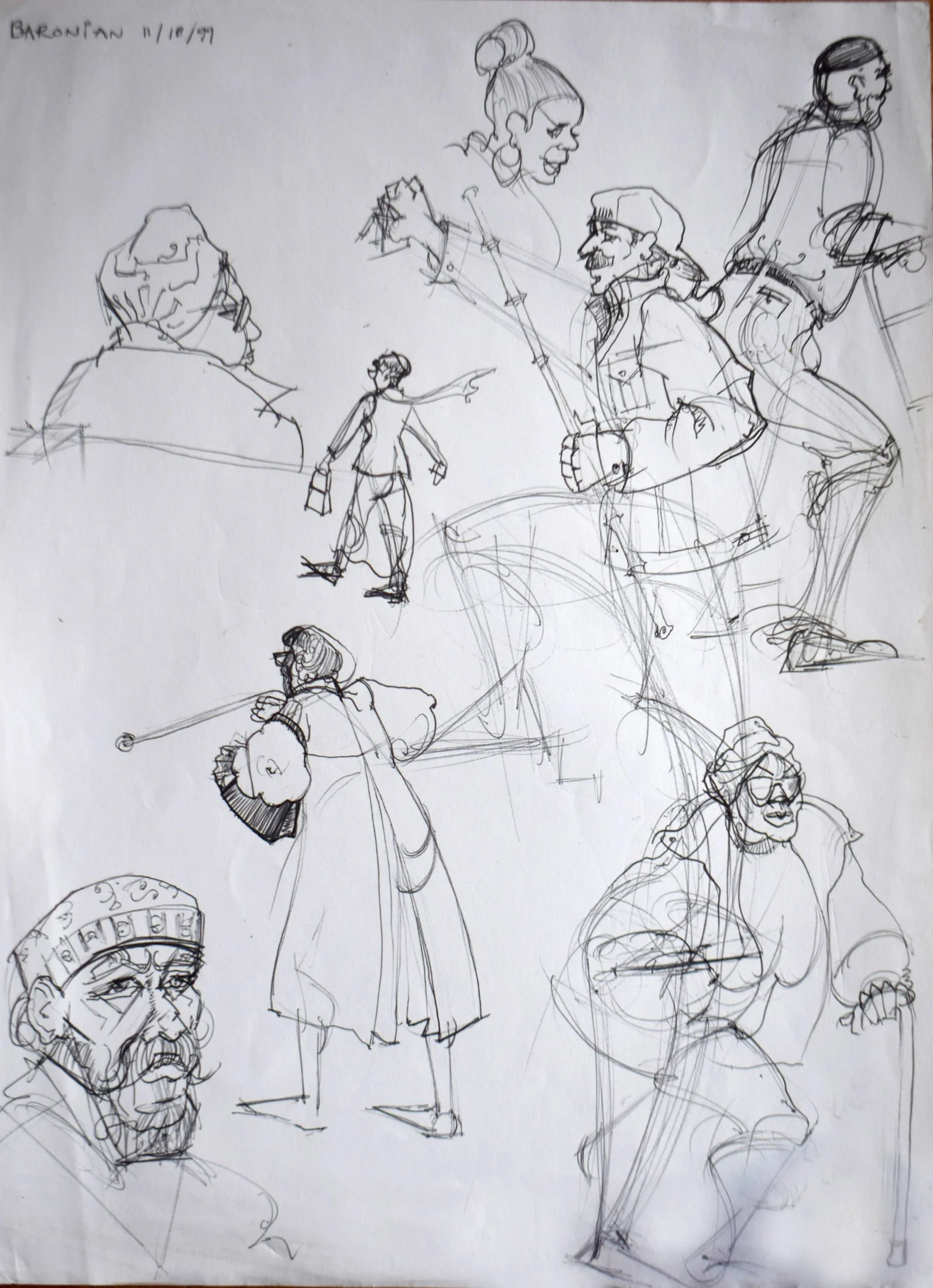 Sketches of multiple people, including a woman with her hair in a bun, a man with a beard and glasses, a woman pointing, a man in a coat and hat, and a woman with curly hair, drawn with quick, loose lines.
