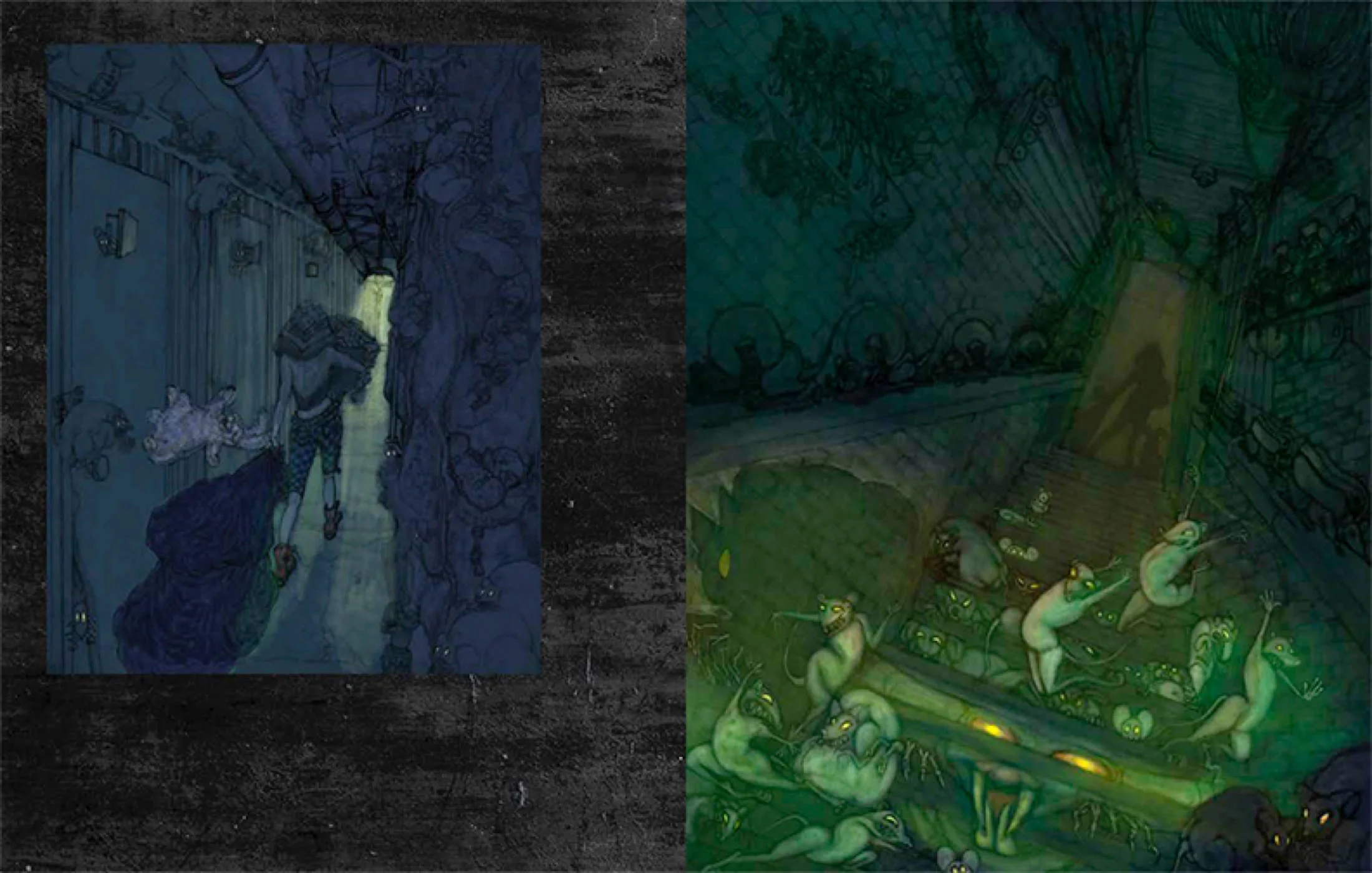 Artwork divided into two sections, left side shows a dark alley with a person holding a small animal, right side depicts cartoonish creatures with glowing eyes in a fantastical setting.