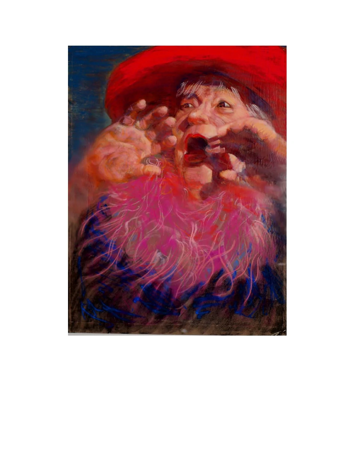 Painted portrait of an elderly woman wearing a red hat, with her mouth open, hands near her face, and vibrant pink and blue abstract lines resembling roots or veins below her face.