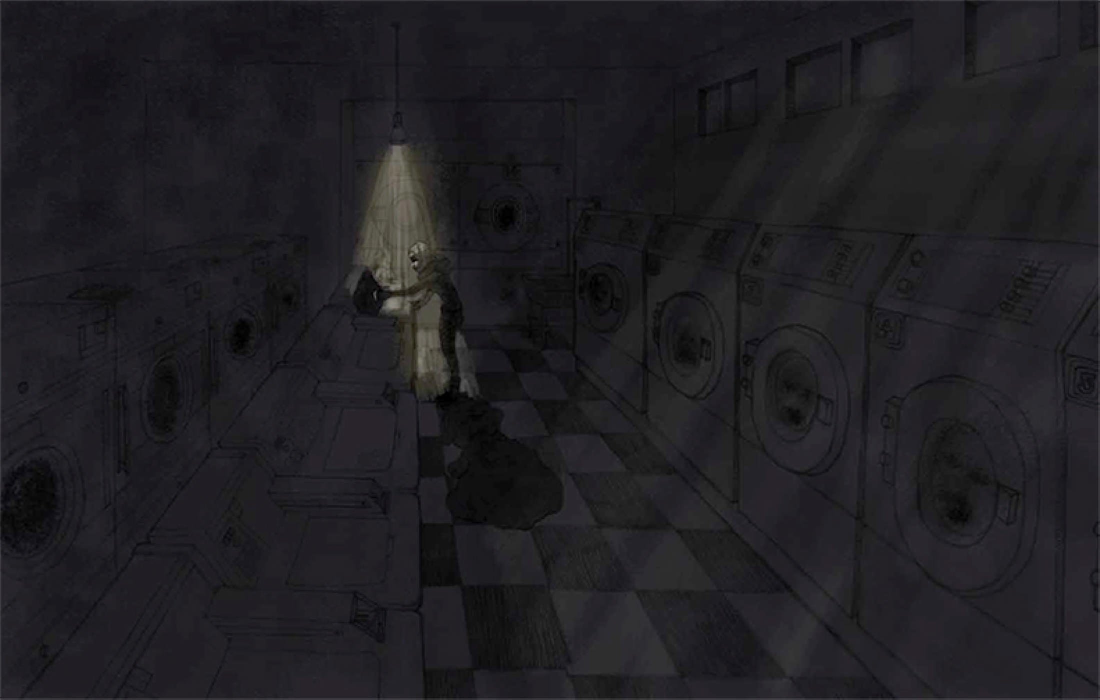Dark laundromat with washing machines along the walls, a checkered floor, and a small group of people doing laundry, with a spotlight shining down from the ceiling.