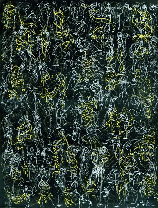 Abstract artwork with white and yellow neon-like lines on a black background, creating intricate, energetic patterns.
