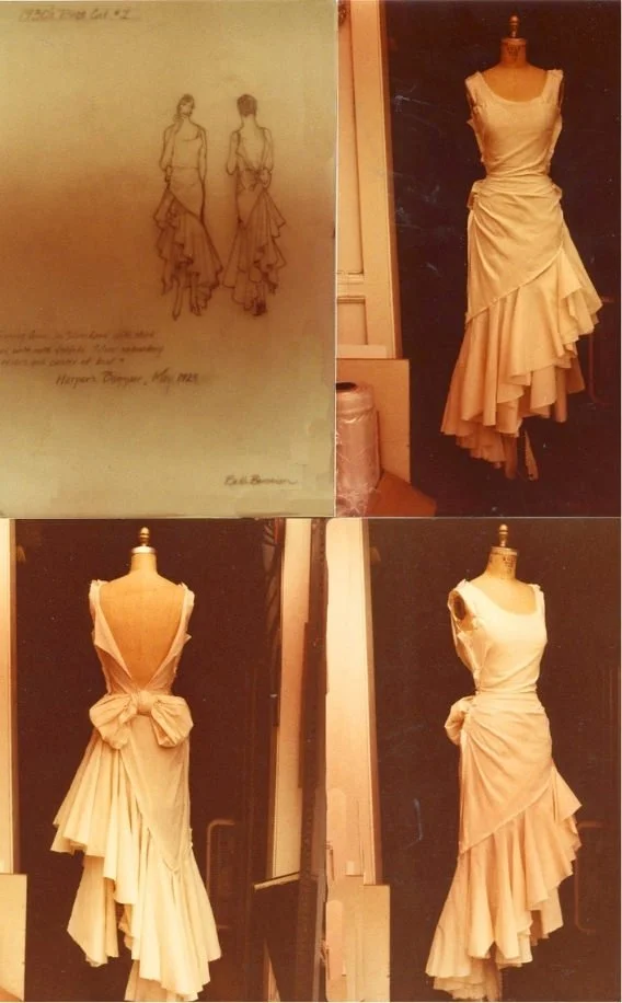 Fashion design sketches and dress forms showcasing a formal gown with ruffled detailing and a back bow.