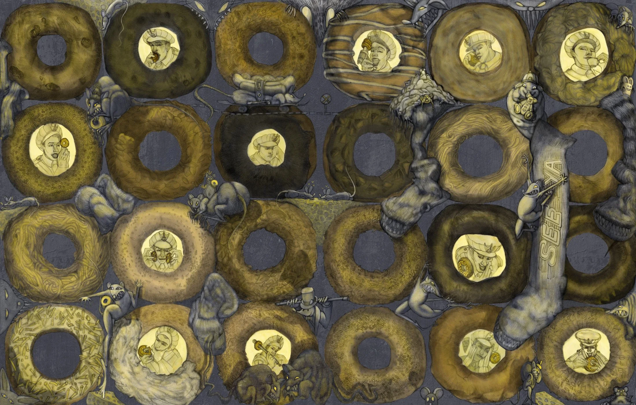 A mural featuring various characters and objects depicted inside donut-shaped frames. The characters include people with vintage hairstyles and clothing, some holding donuts or coffee. Other elements include rats, mice, and mythical creatures, all se