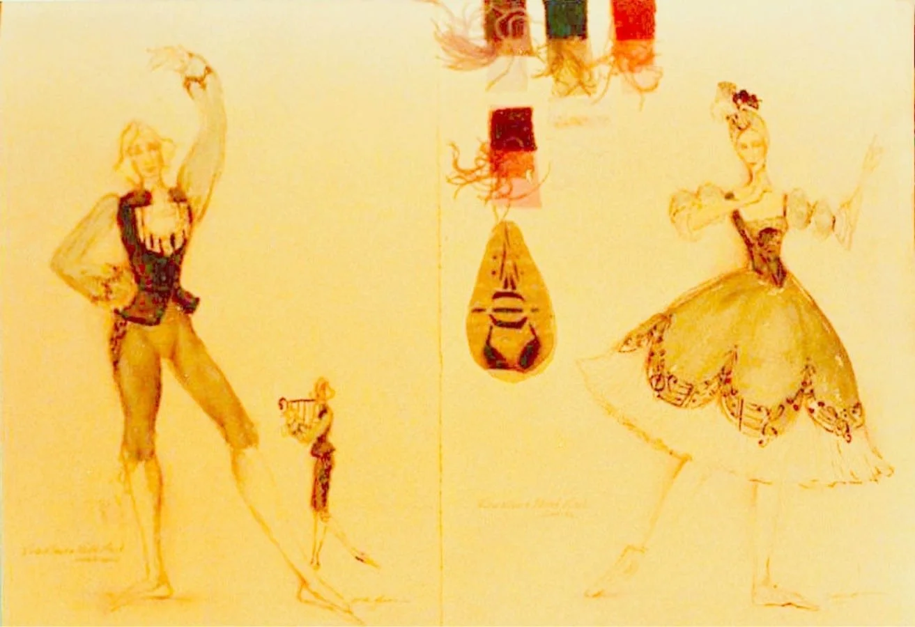 Sketches of performers in circus costumes, including a male acrobat in a vest and tights, a female dancer in a tutu with floral headpiece, and a tiger tamer with a small tiger, all illustrated with loose lines and watercolor accents on a light backgr