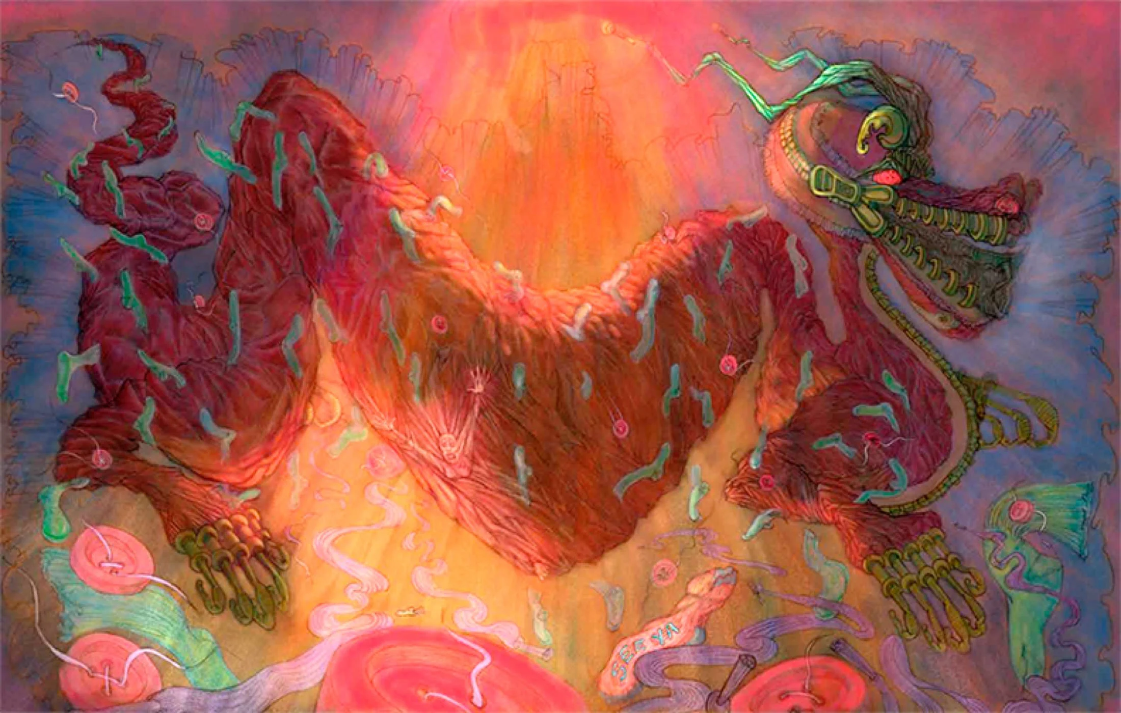 Abstract colorful art featuring a pair of red boxing gloves with green shoelaces suspended in mid-air, surrounded by swirling lines and shapes in warm colors like pink, orange, and yellow.