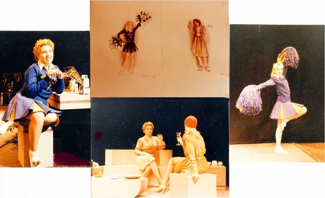 A collage of three scenes from a theatrical performance, with characters in colorful costumes and stage setups.