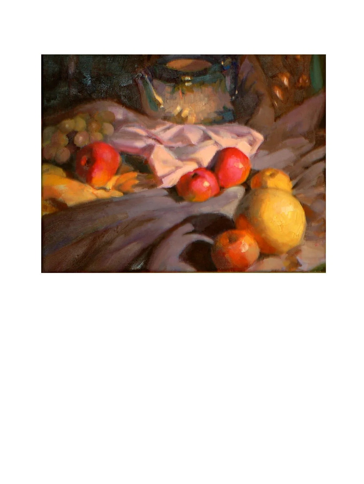 A still life painting of apples, pears, and grapes on a draped cloth background.